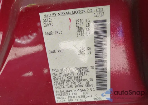 2013 Nissan Altima 2.5 S from USA, damaged, VIN 1N4AL3APXDN494231